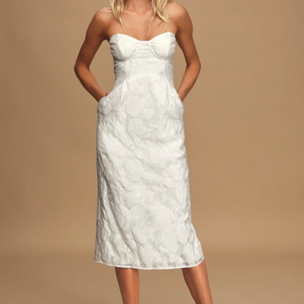 Lulu’s Strapless Midi Dress White Floral Jacquard From This Day Small NWT